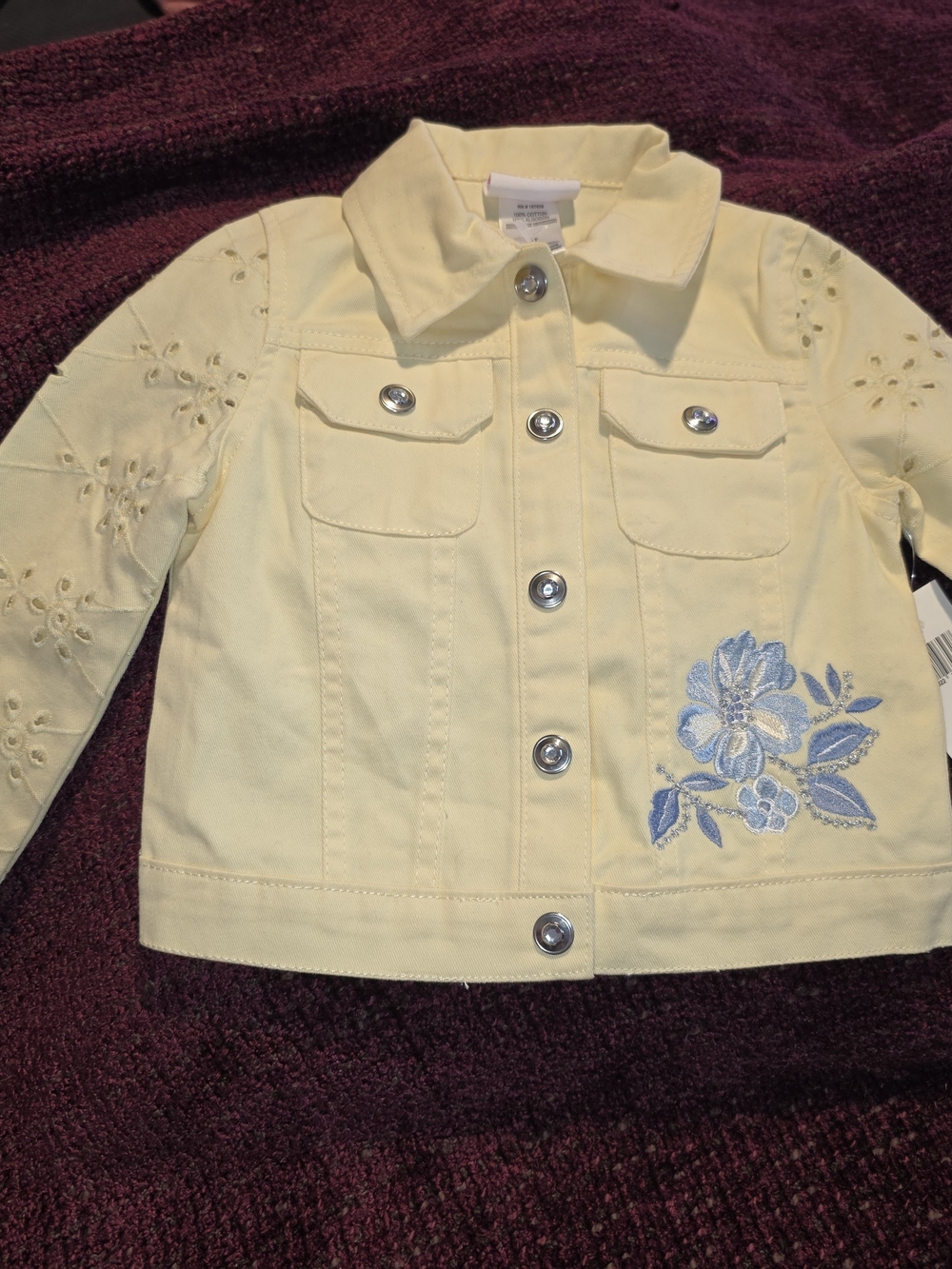 B5- Little Lass Girls Yellow Eyelet Denim Jacket Embroidered Floral